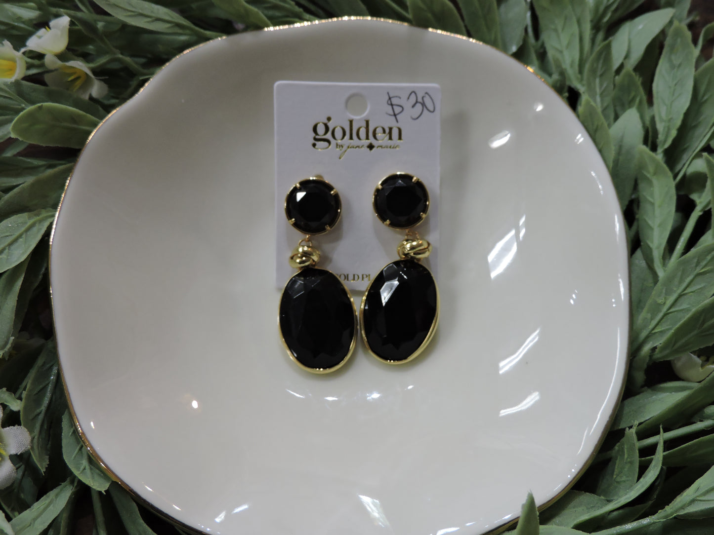 Gold Plated Black Crystal Circle Post Earring with Black Crystal Teardrop