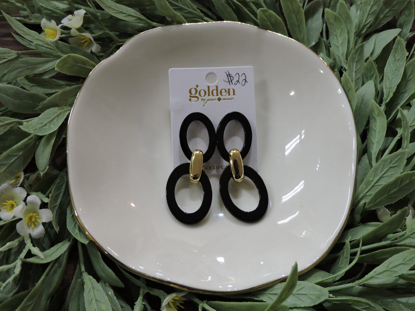 Gold Plated Black Oval, Gold Link, Black Oval Earring