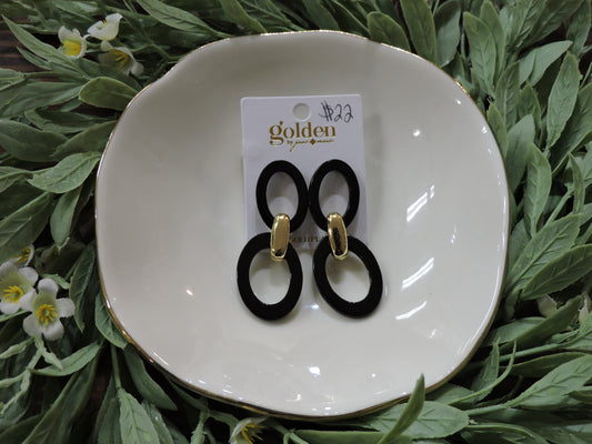 Gold Plated Black Oval, Gold Link, Black Oval Earring