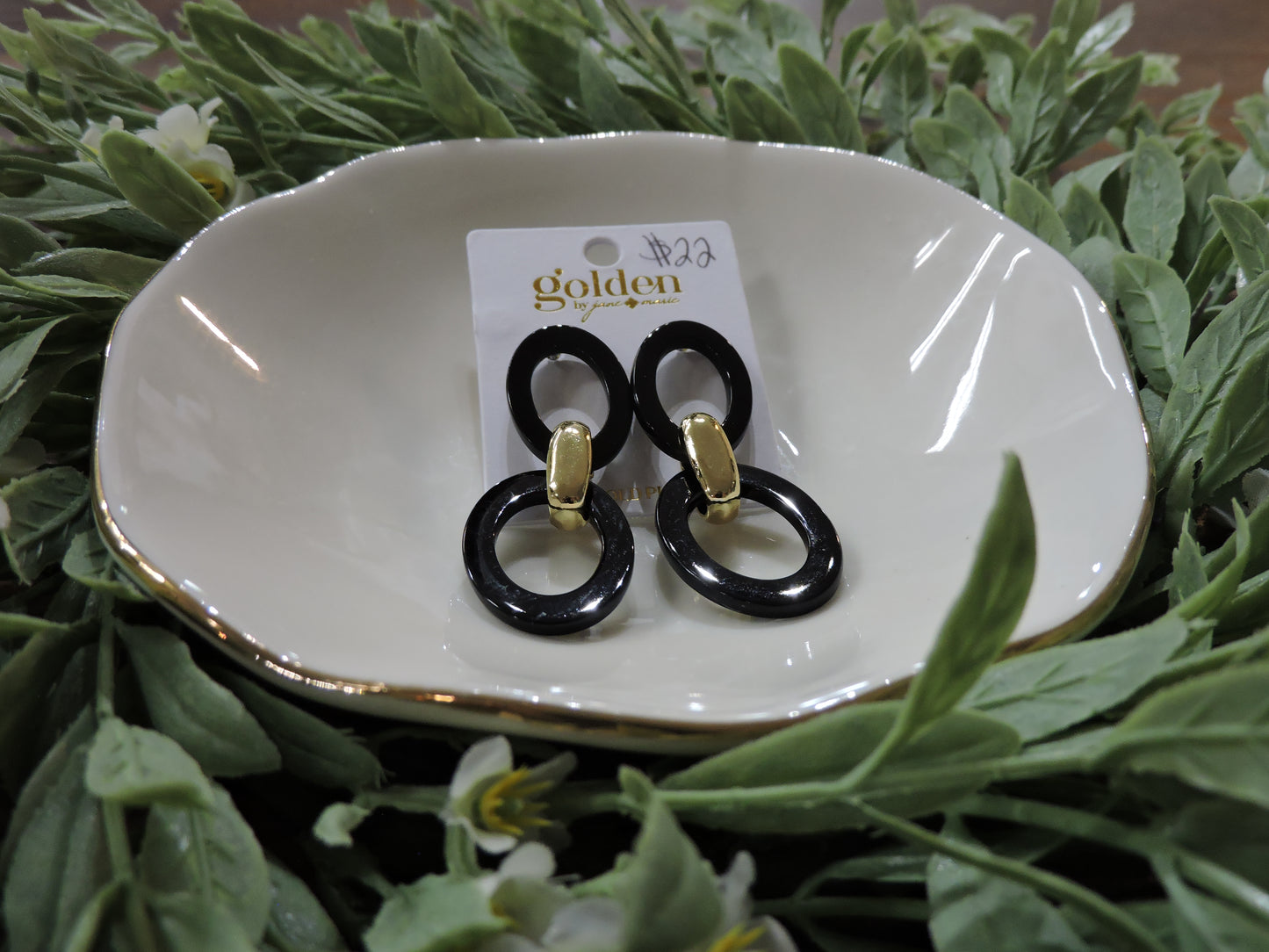 Gold Plated Black Oval, Gold Link, Black Oval Earring
