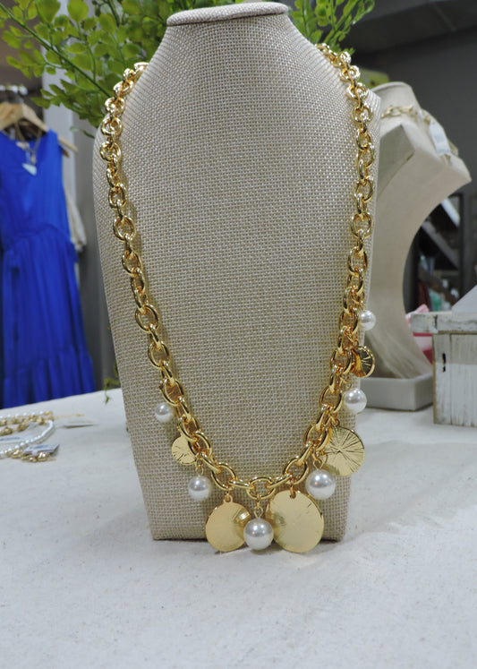 Gold Thick "O" Chain Necklace with Pearl, Gold Disk Multi Size Charms
