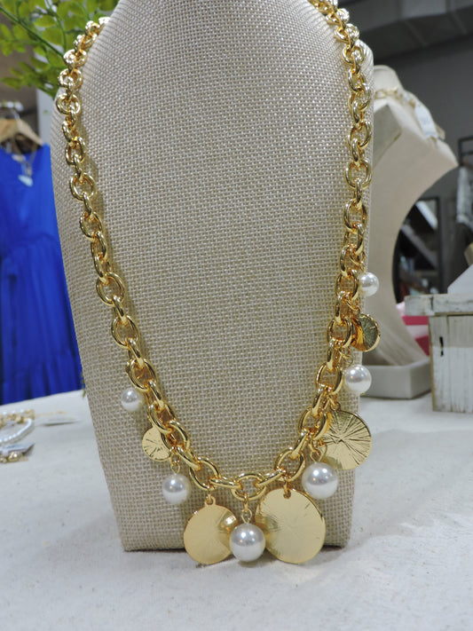 Gold Thick "O" Chain Necklace with Pearl, Gold Disk Multi Size Charms