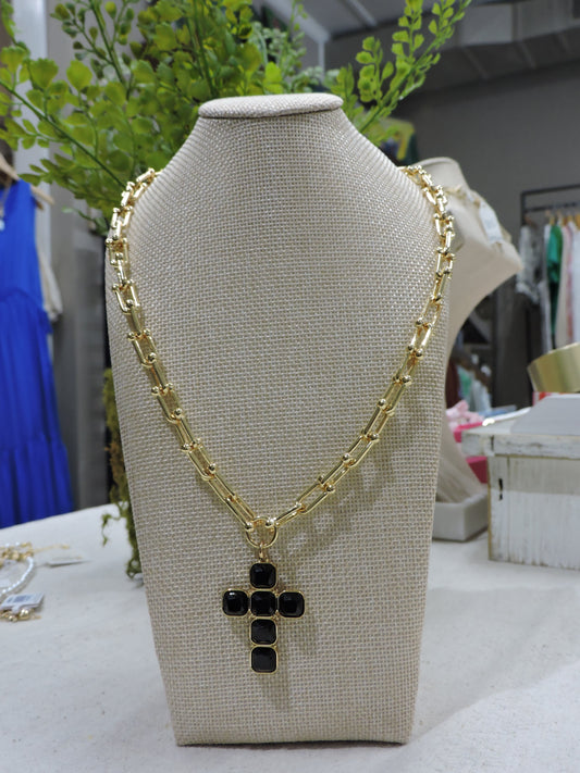 Gold U-Shaped Chain Necklace with Jet Crystal Cross