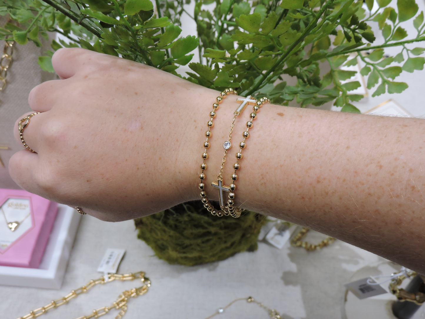 Gold Plated 3 Strand Gold Ball & Link Chain Magnetic Bracelet with Crosses & Crystals