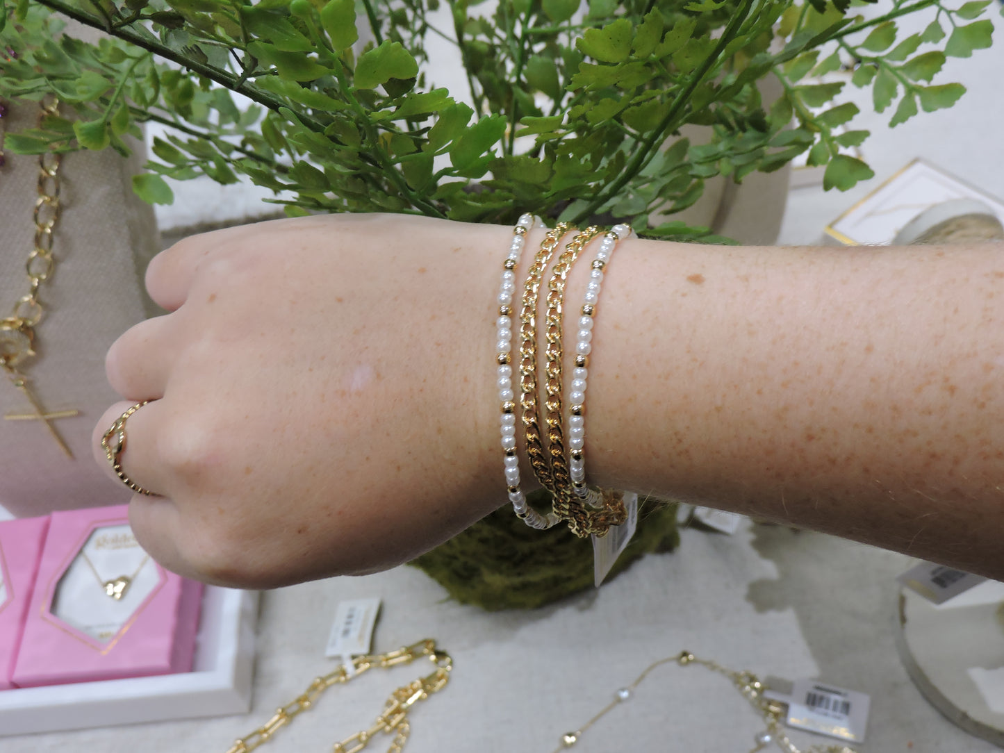 Gold Plated 4 Strand Gold, Pearl Beaded, Link Chain Magnetic Bracelet