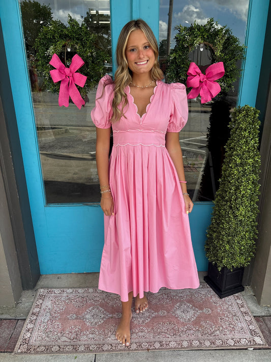 Sweetheart Pink Scallop Midi Dress