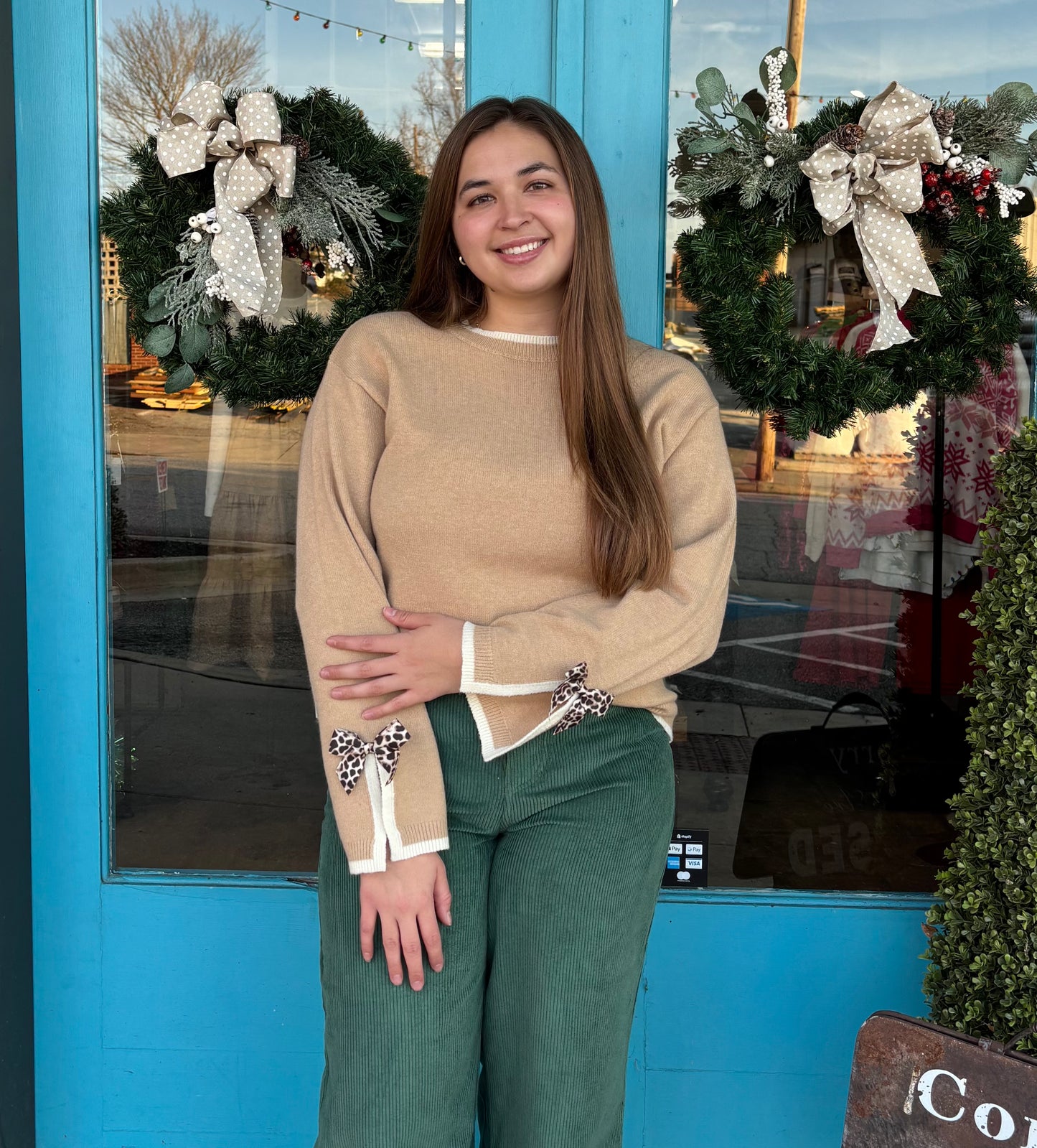 Leopard Bow Split Cuff Sweater