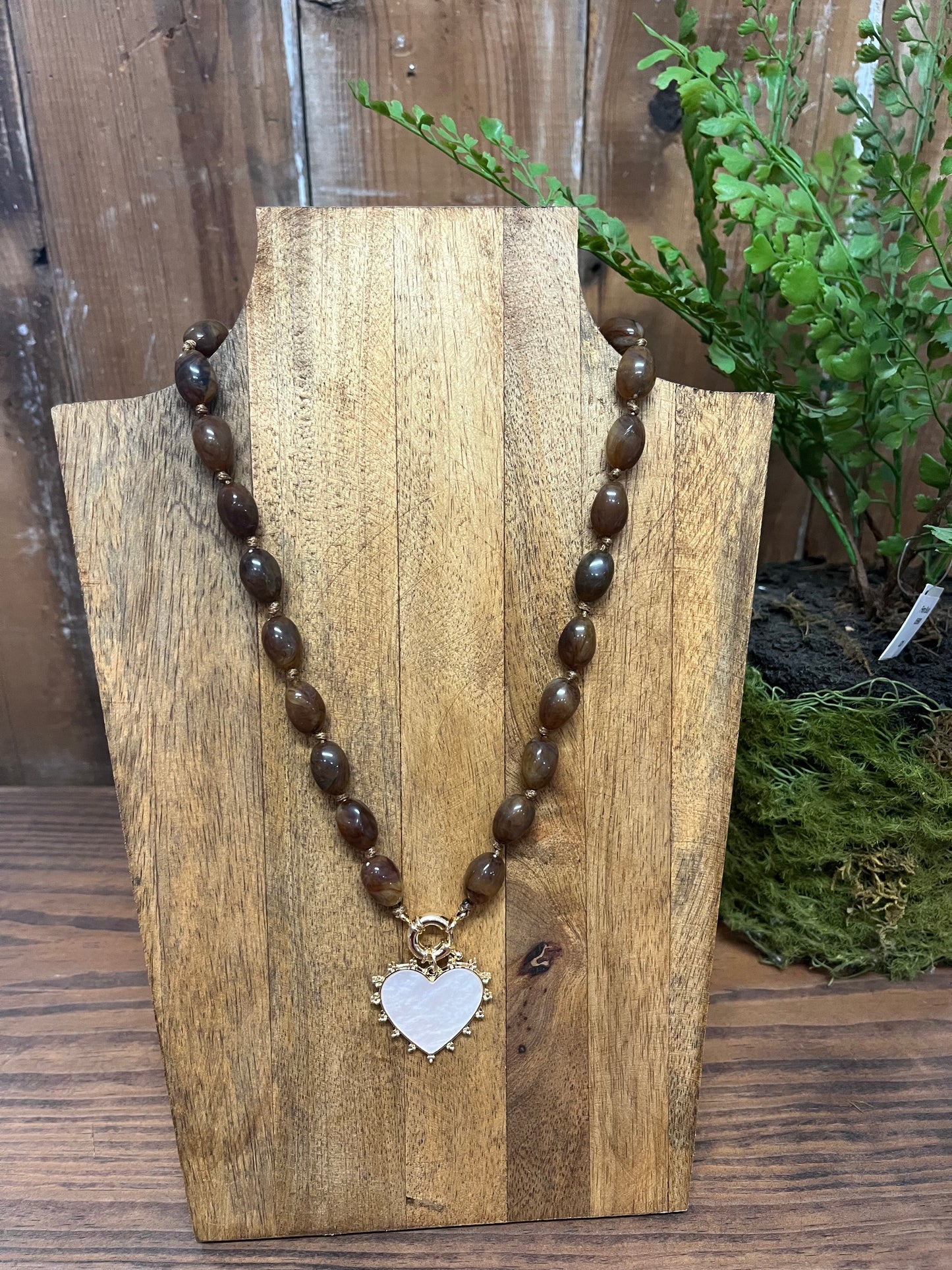 Brown Beaded with Heart Charm Necklace