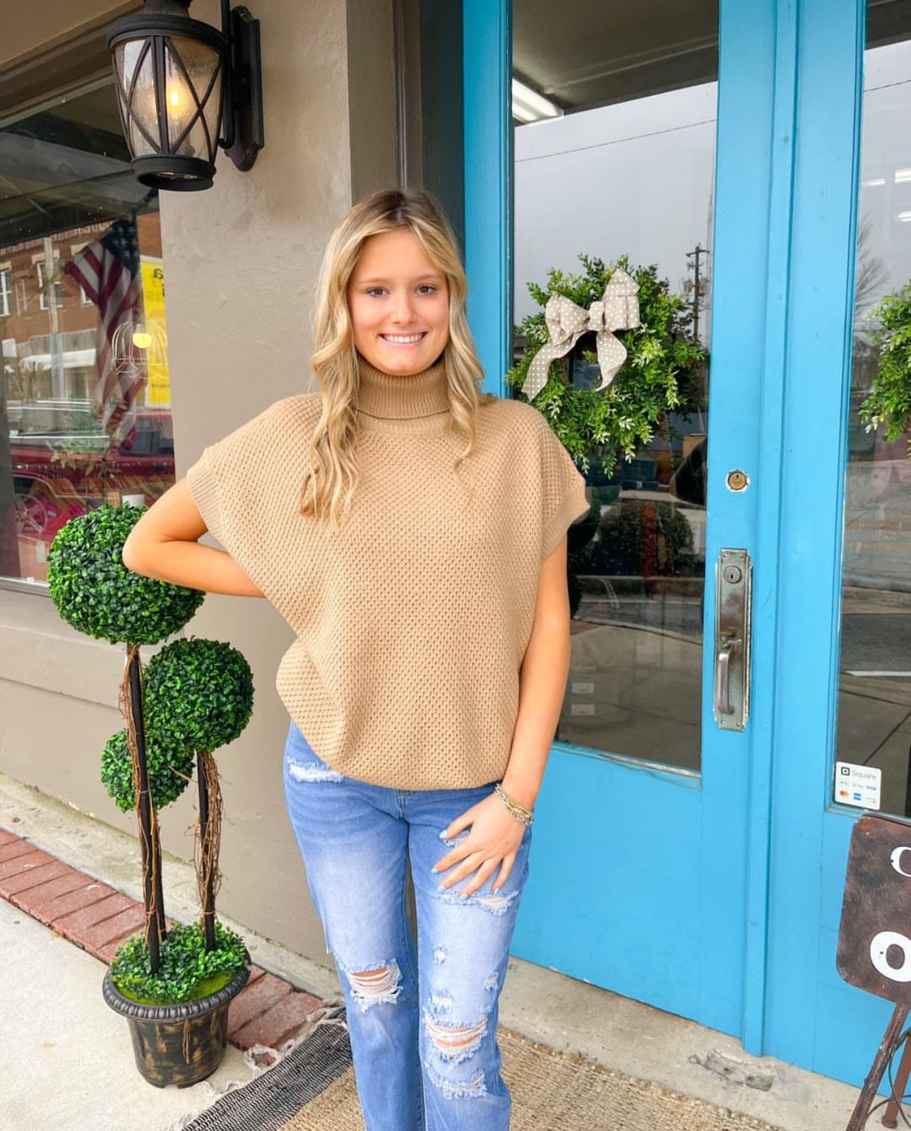 Khaki Turtleneck Short Sleeve Sweater