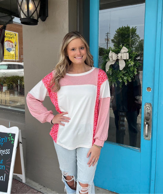 Peach Blossom Leopard Color block Top