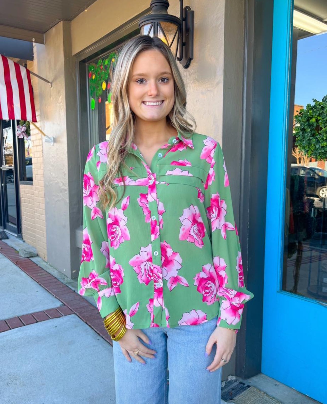 Green Floral Print Blouse