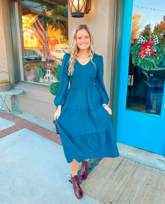 Blue Smocked V Neck Midi Dress