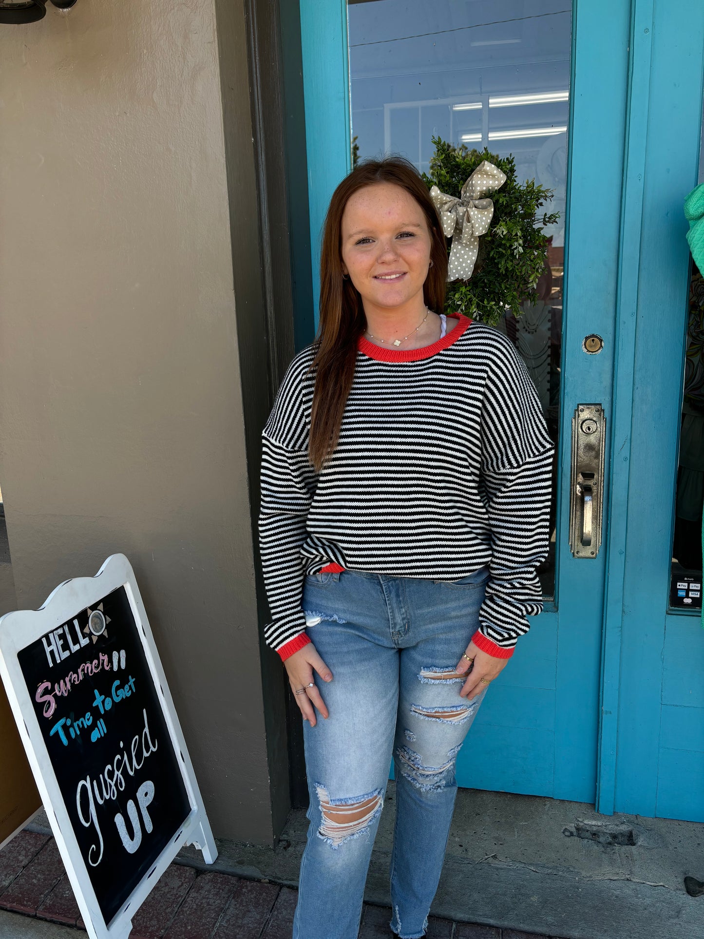 Pop of Red Striped Sweater