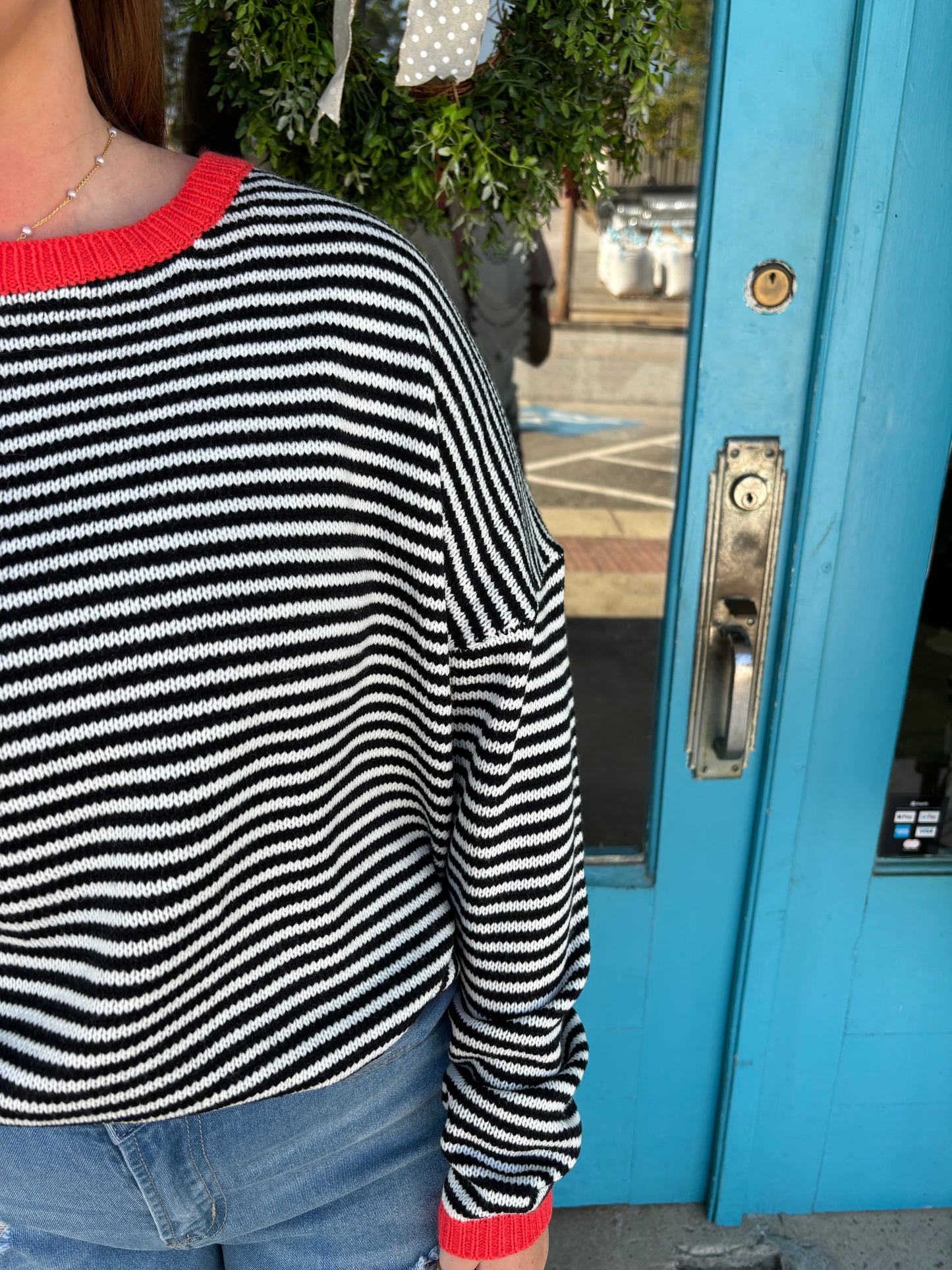 Pop of Red Striped Sweater