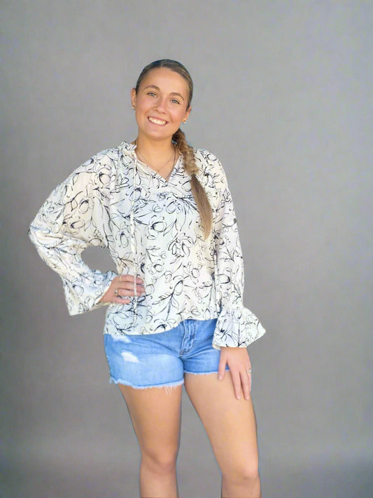 Two-Tone Boho Flower Blouse