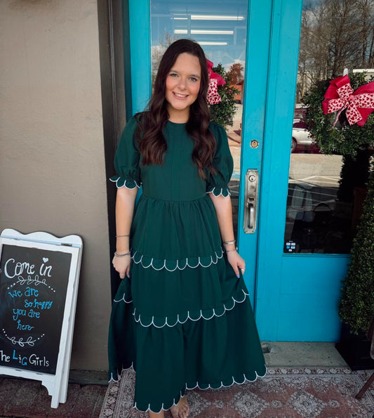 Darla's Scallop Green Puff Sleeves Dress