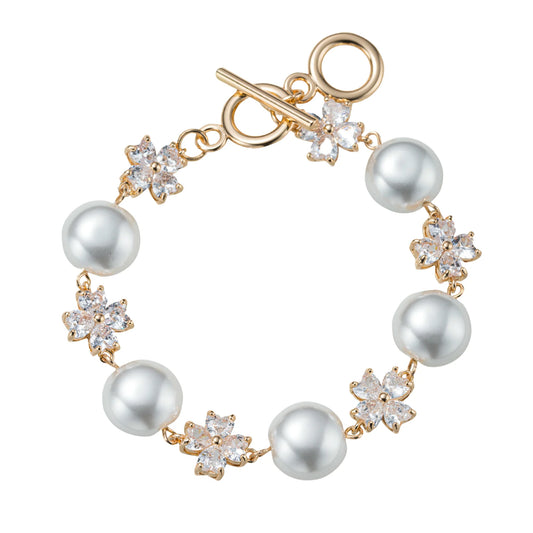 Clear + Pearl Flower Link Toggle Bracelet