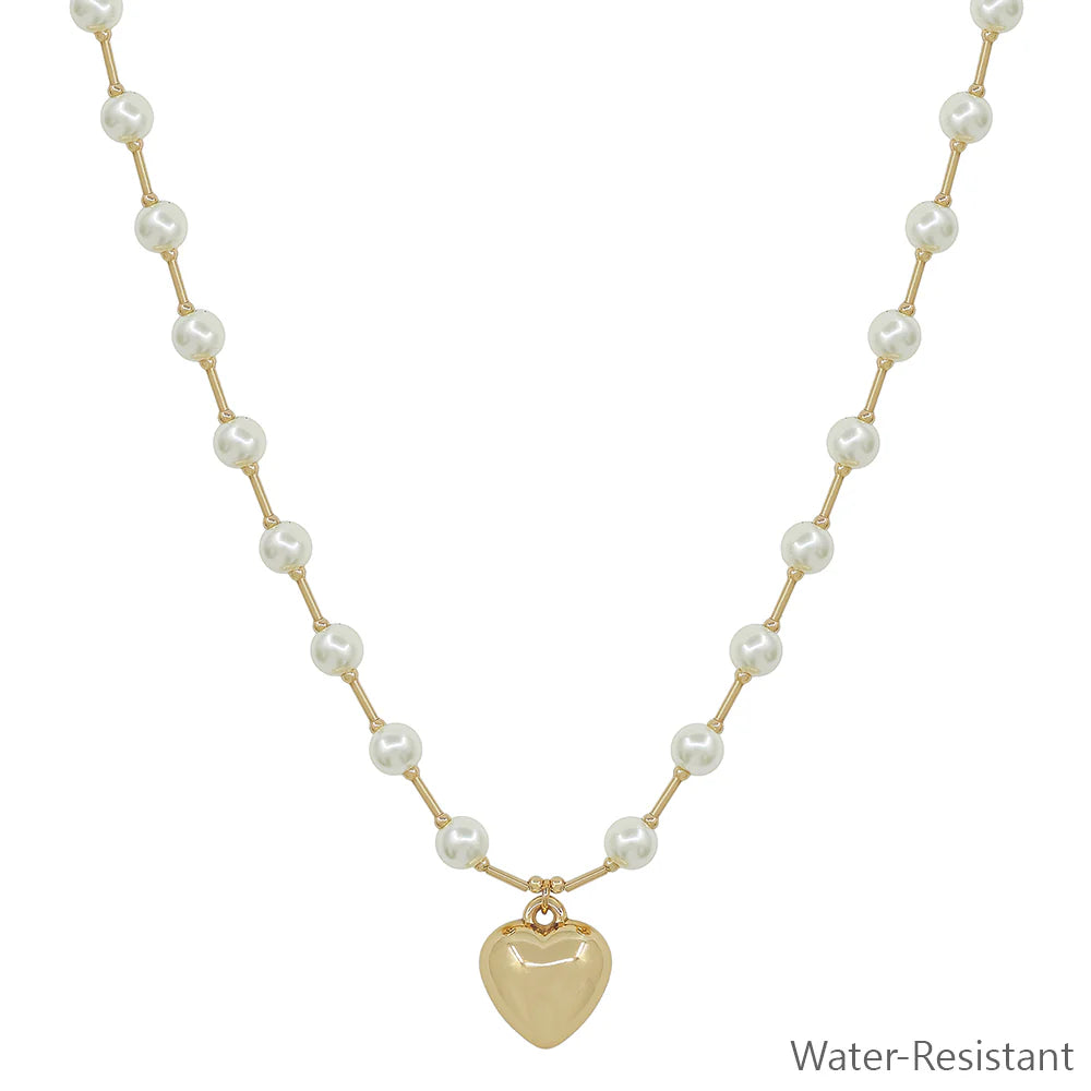 Pearl Beaded Chain with Puffy Heart Necklace
