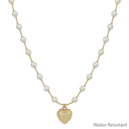 Pearl Beaded Chain with Puffy Heart Necklace
