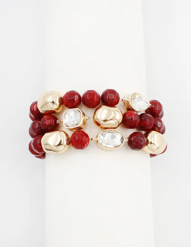 Maroon and Crystal Set of 3 Bracelets