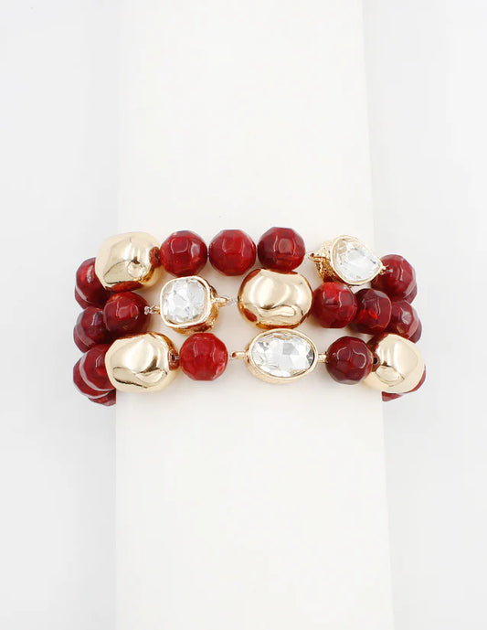 Maroon and Crystal Set of 3 Bracelets