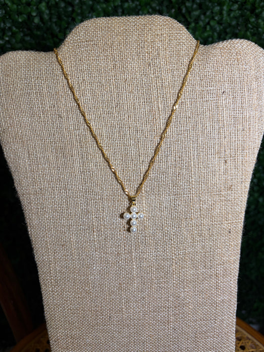 Gold Chain Necklace with Pearl Bubble Cross