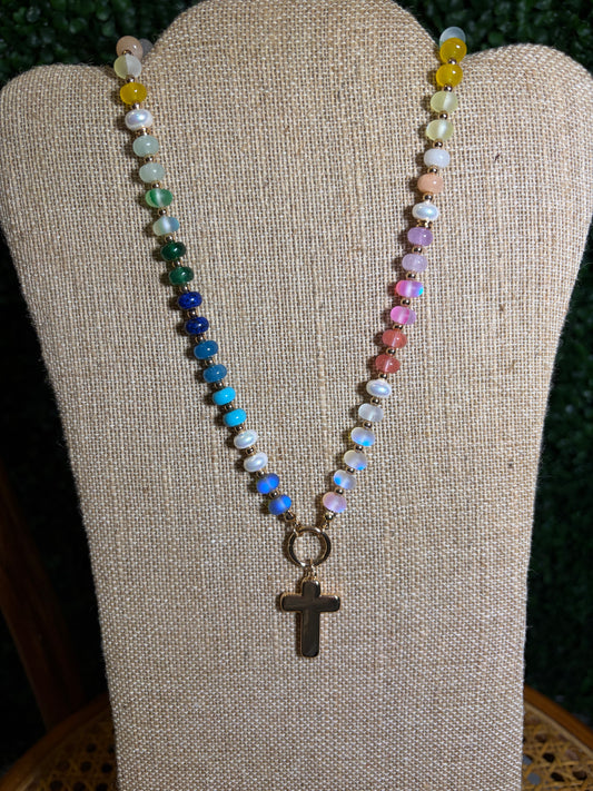 Multi Beaded Necklace with Gold Cross