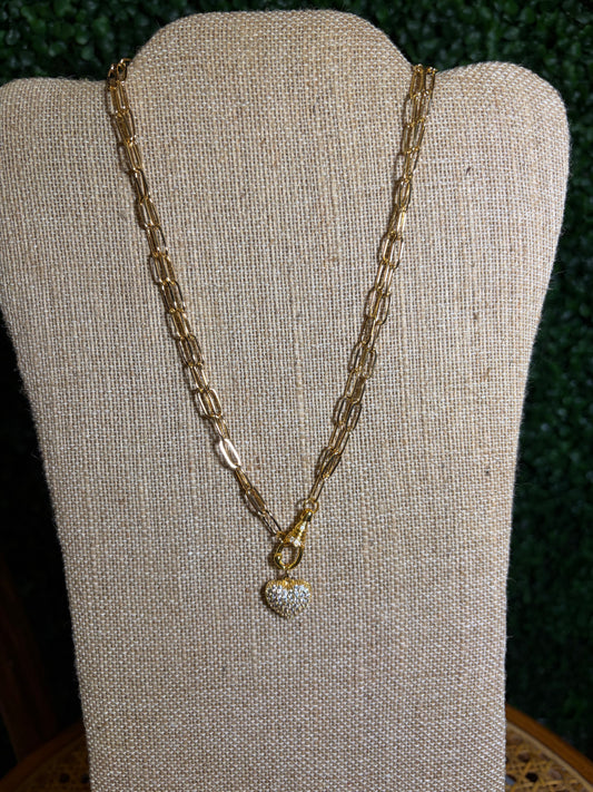 Paperclip Chain Necklace with Crystal Heart