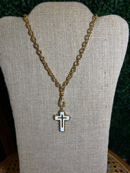 O Chain Necklace with White and Gold Cross