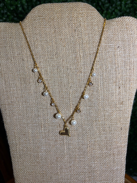 Longbox Chain Necklace with Pearls, Crystal Charms, and Gold Heart