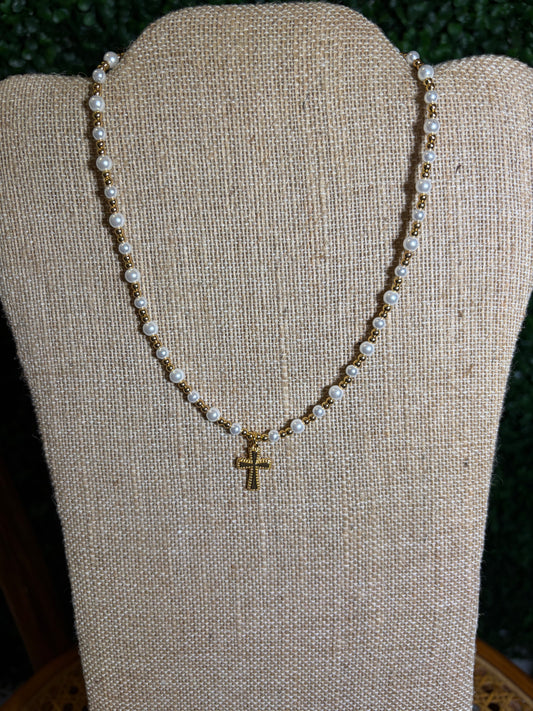 Gold & Pearl Beaded Necklace with Gold Cross