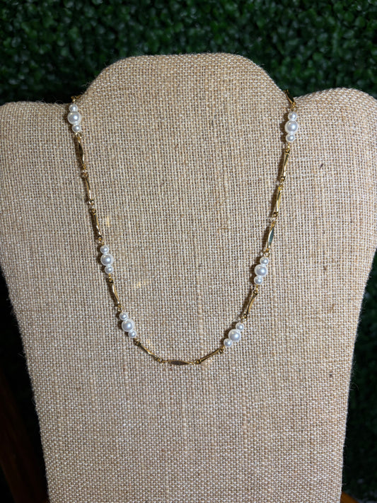 Gold Bar link Chain Necklace with Pearls