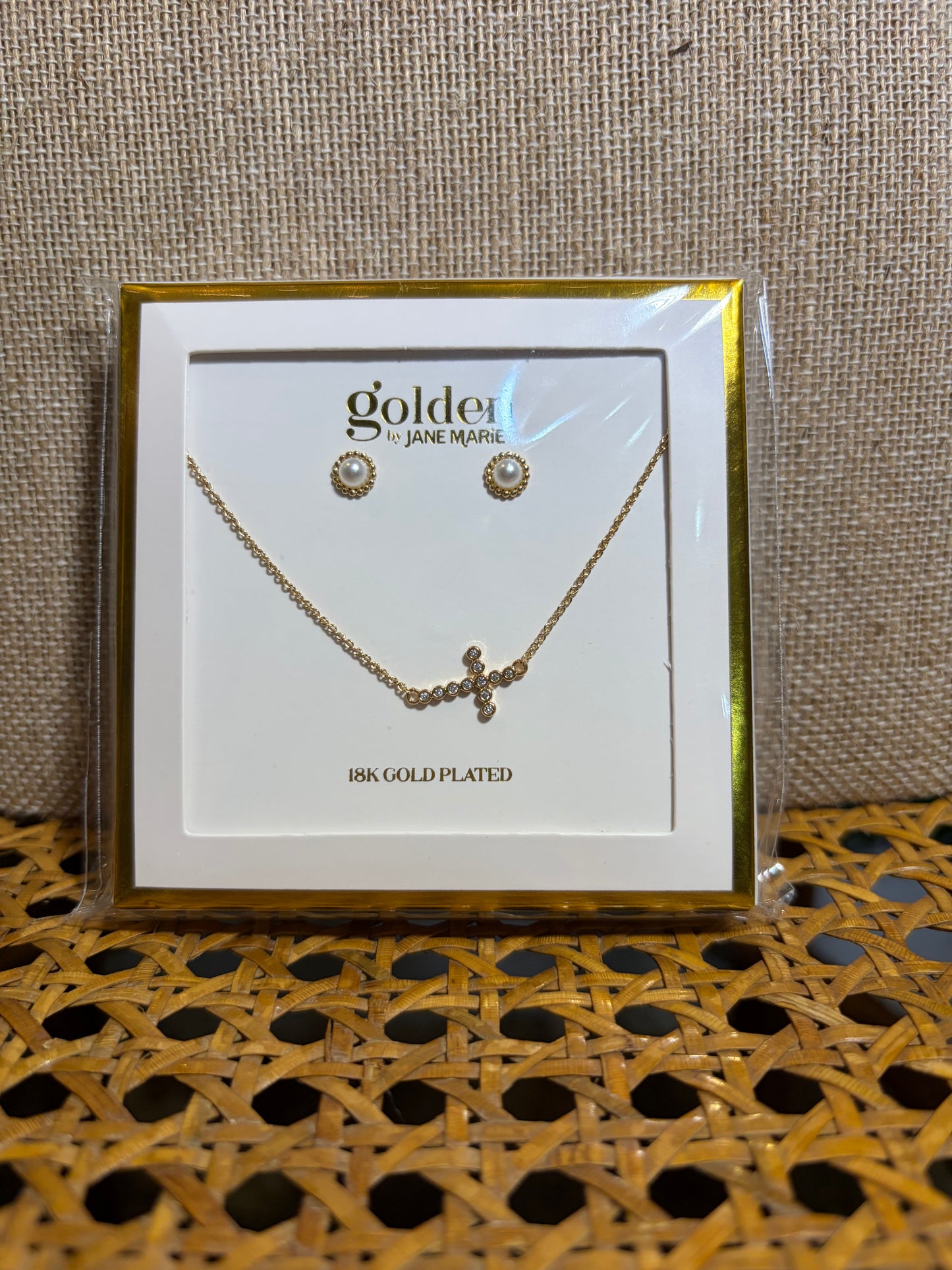 Gold Chain Necklace with Crystal Cross and Coordinating Earrings