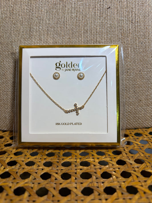 Gold Chain Necklace with Crystal Cross and Coordinating Earrings