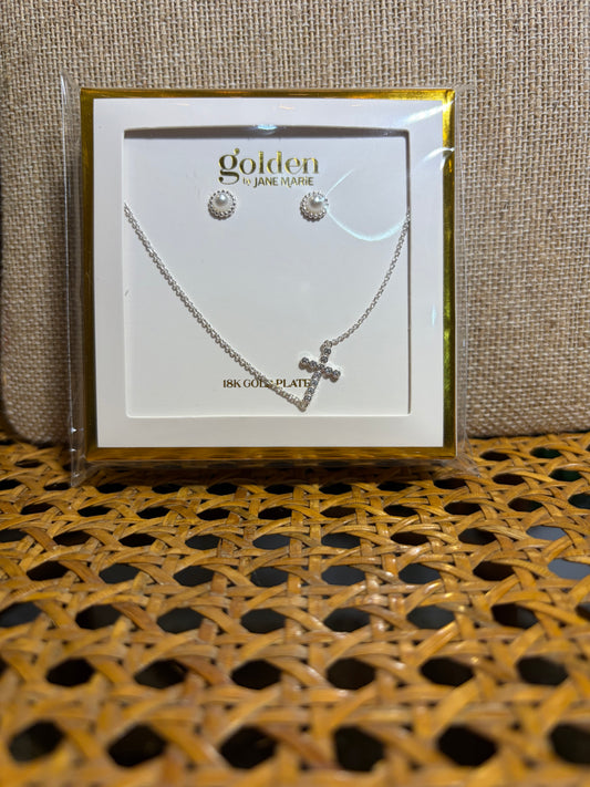 Silver Chain Necklace with Crystal Cross and Coordinating Earrings