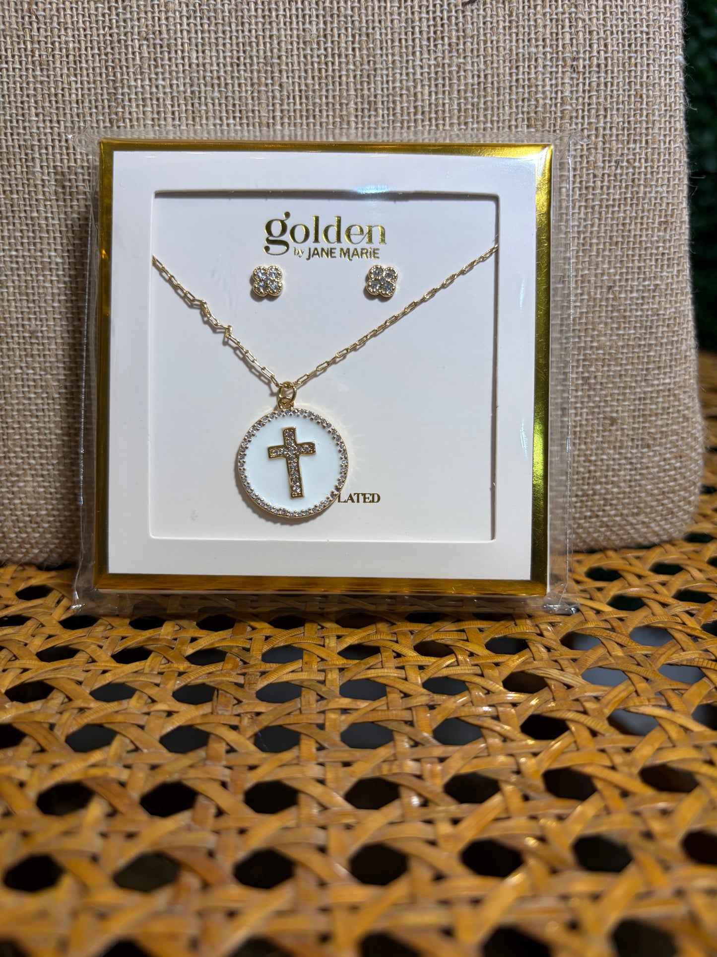 Gold Chain Necklace with Crystal Cross and Crystal Earrings