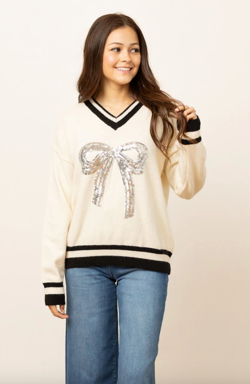 Silver Sequin Bow Varsity Sweater