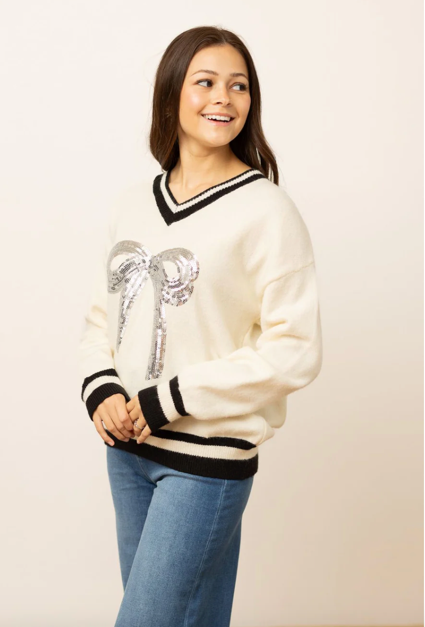 Silver Sequin Bow Varsity Sweater