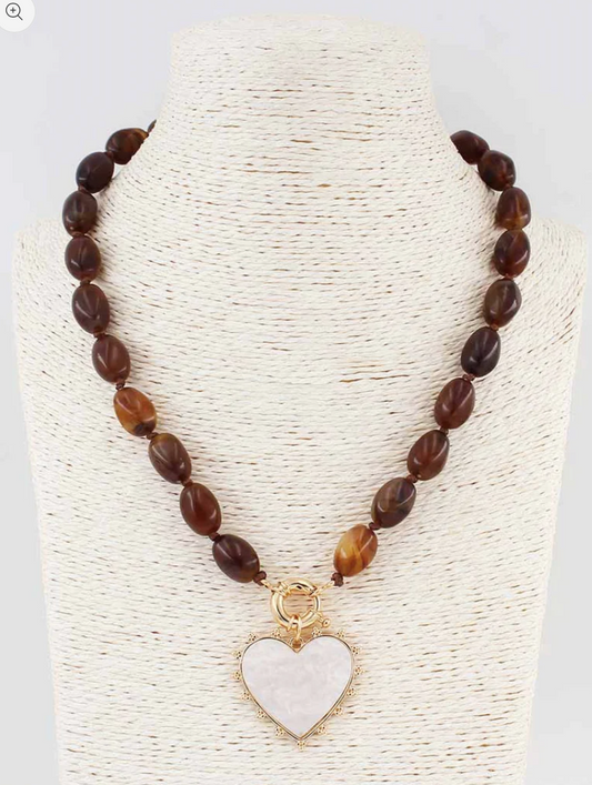 Brown Beaded with Heart Charm Necklace