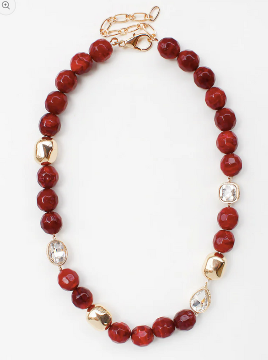 Maroon, Cream, and Gold Natural Beaded Necklace