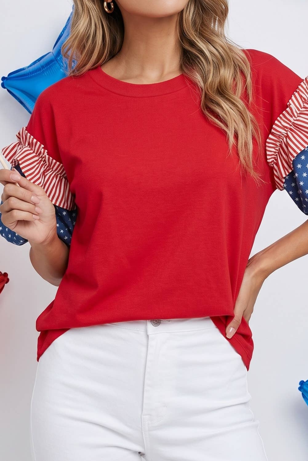 4th of July Stars Stripes Short Puff Sleeve Top
