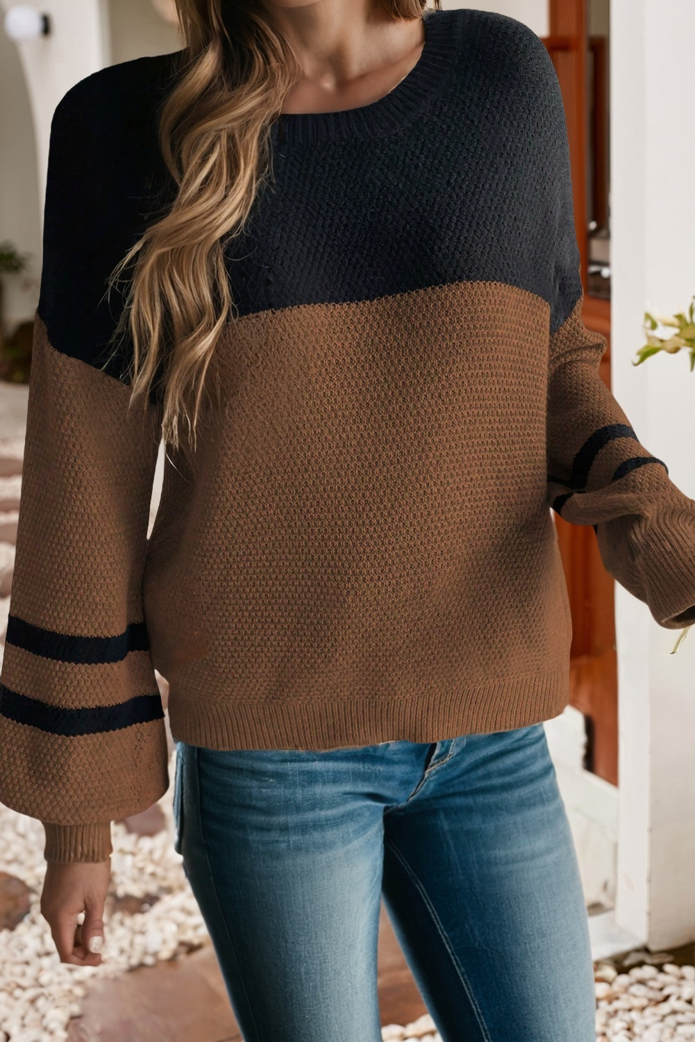 Neutral Color Block Knit Sweater