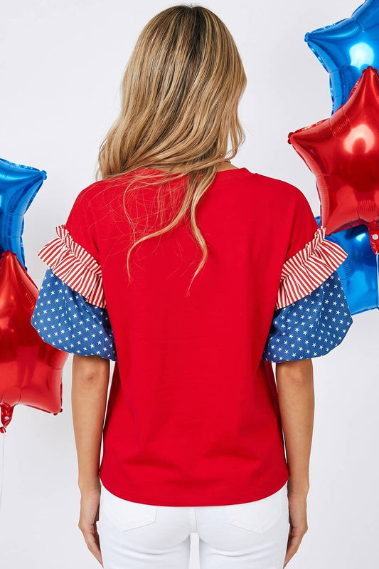 4th of July Stars Stripes Short Puff Sleeve Top