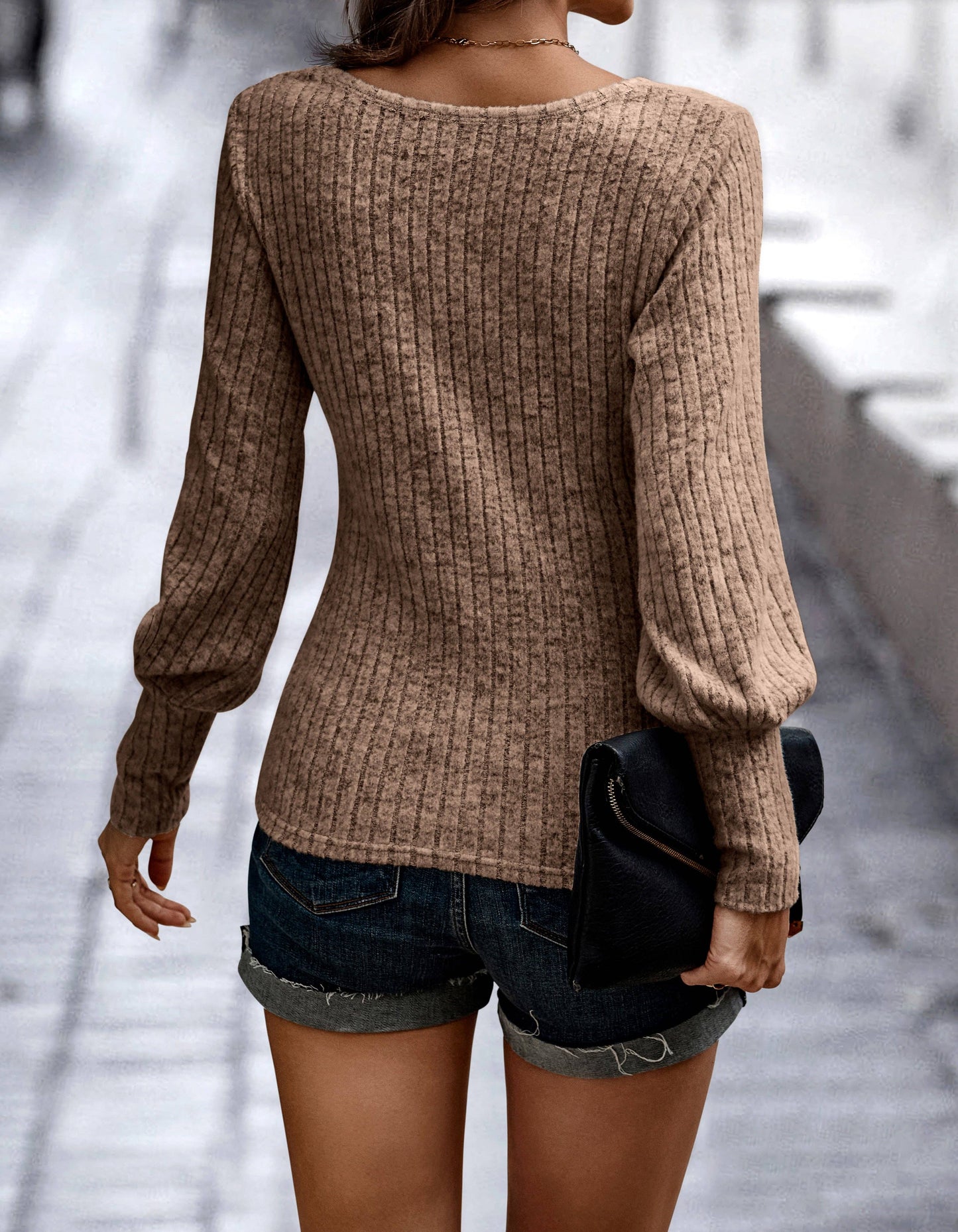 Blue and Khaki Ribbed Knit Top