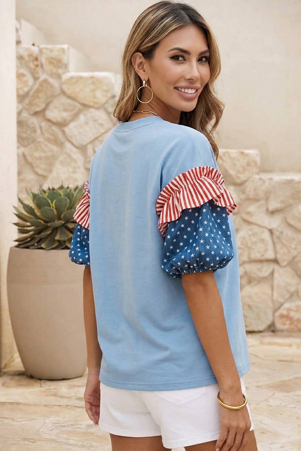 4th of July Stars Stripes Short Puff Sleeve Top