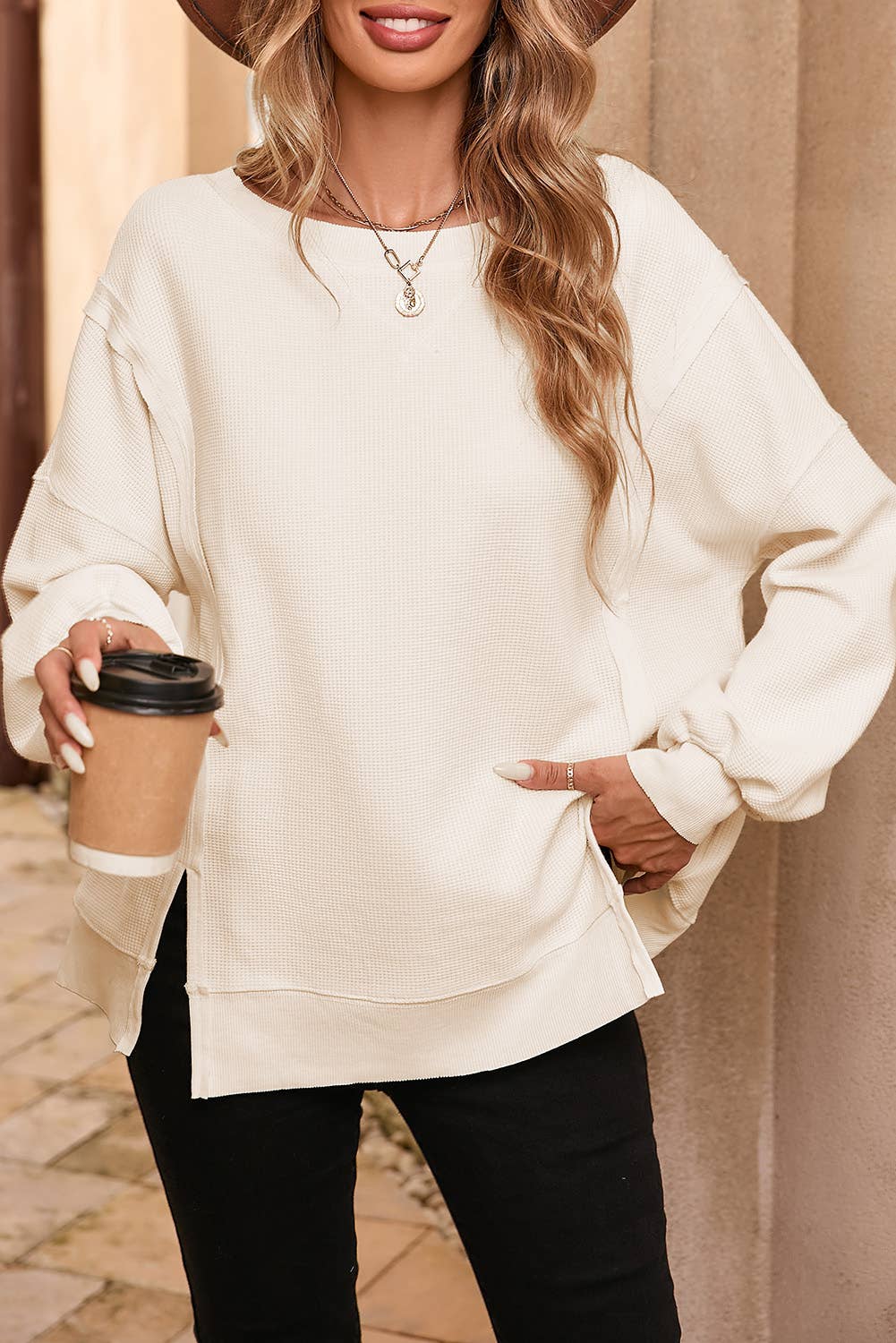 Waffle Knit Bishop Sleeve Sweatshirt