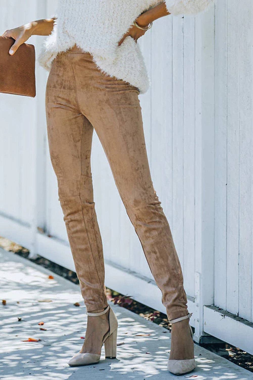 Khaki Mid Rise Faux Suede Leggings