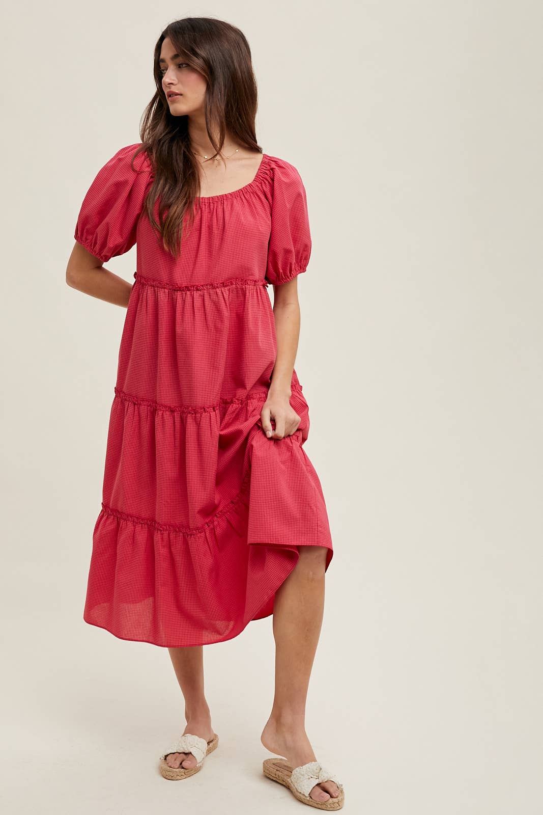 Sweet Pink Gingham Midi Dress