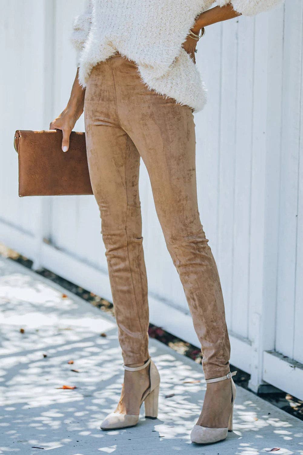 Khaki Mid Rise Faux Suede Leggings