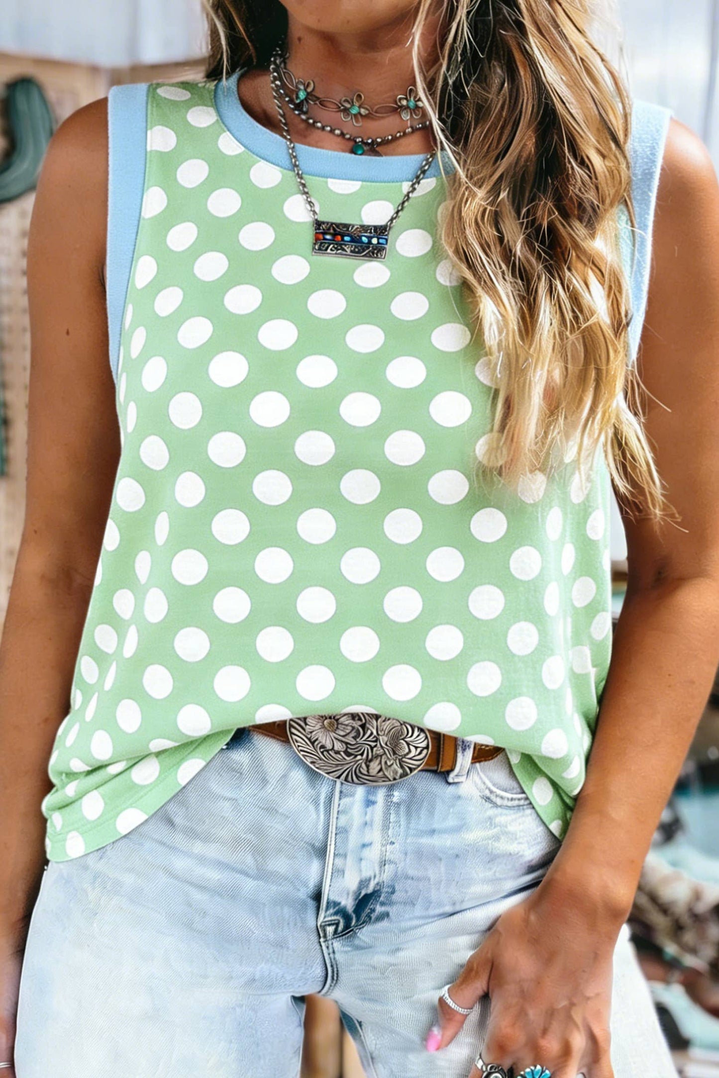 Polka Dot Contrast Trim Sleeveless Tank Top
